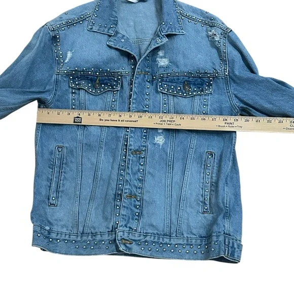 Free People Oversized Distressed Studded Denim Jean Jacket READ Size Small - Picture 8 of 14